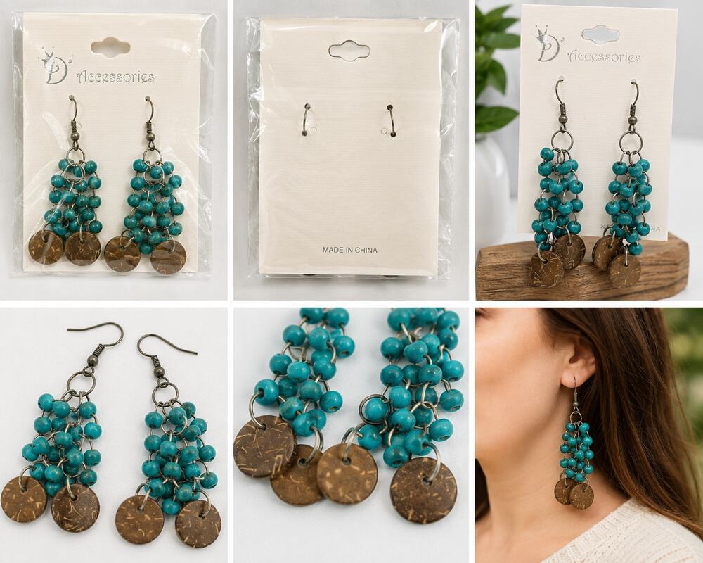 Turquoise Beaded Boho Dangle Earrings with Brown Disc Accents